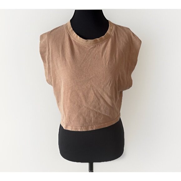 Aerie Top Womens M Tan Crop Muscle Tank Crew Neck Minimal Boho Sporty Lounge - Picture 1 of 11